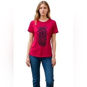 I JEANS BY BUFFALO “FRANCINE” TEE, Size L, Barbie Pink Sparkly Black Pineapple